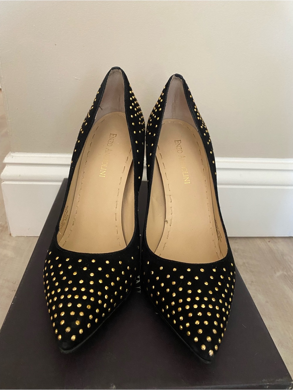 Enzo Angiolini Black Suede Pointed Pumps with Gold Studs